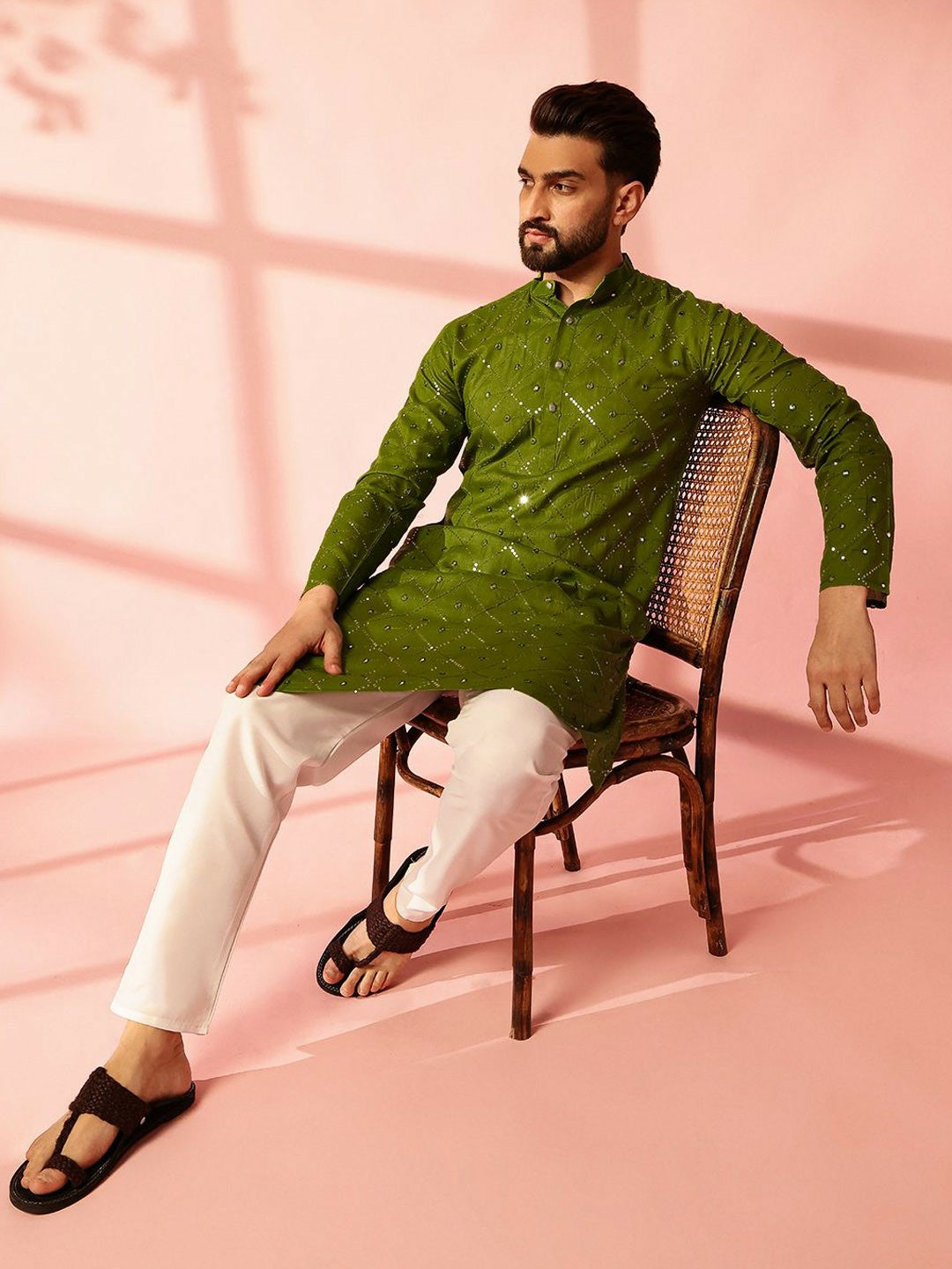Men’s Green Mirror Work Embroidered Kurta Pyjama Set – Pure Cotton