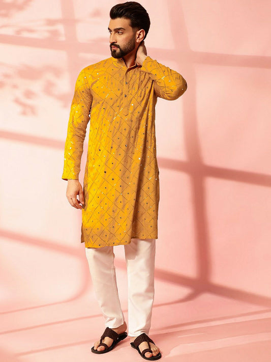 Men’s Mustard Yellow Mirror Work Embroidered Kurta Pyjama Set – Pure Cotton