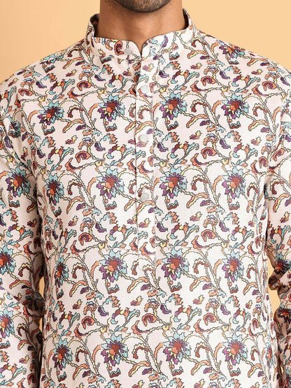 Men's Cream Floral Printed Cotton Blend Kurta Set with Pyjamas