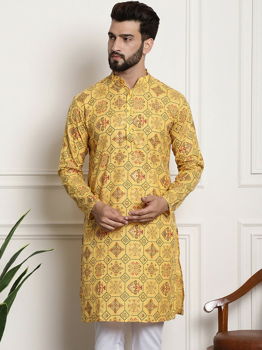 Yellow Ethnic Motifs Printed Men’s Kurta – Mandarin Collar, Cotton Linen, Knee Length | Indiaista