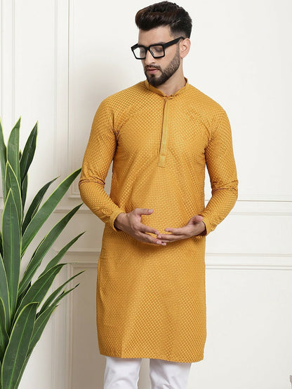 Mustard Yellow Geometric Embroidered Men's Kurta – Mandarin Collar, Pure Cotton, Thread Work Detail | Indiaista