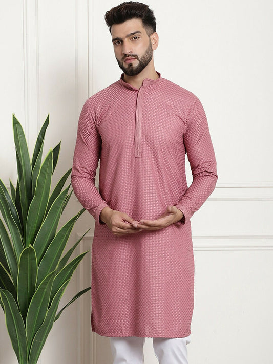 Men’s Coral Geometric Embroidered Pure Cotton Kurta – Mandarin Collar, Thread Work Detail | Indiaista