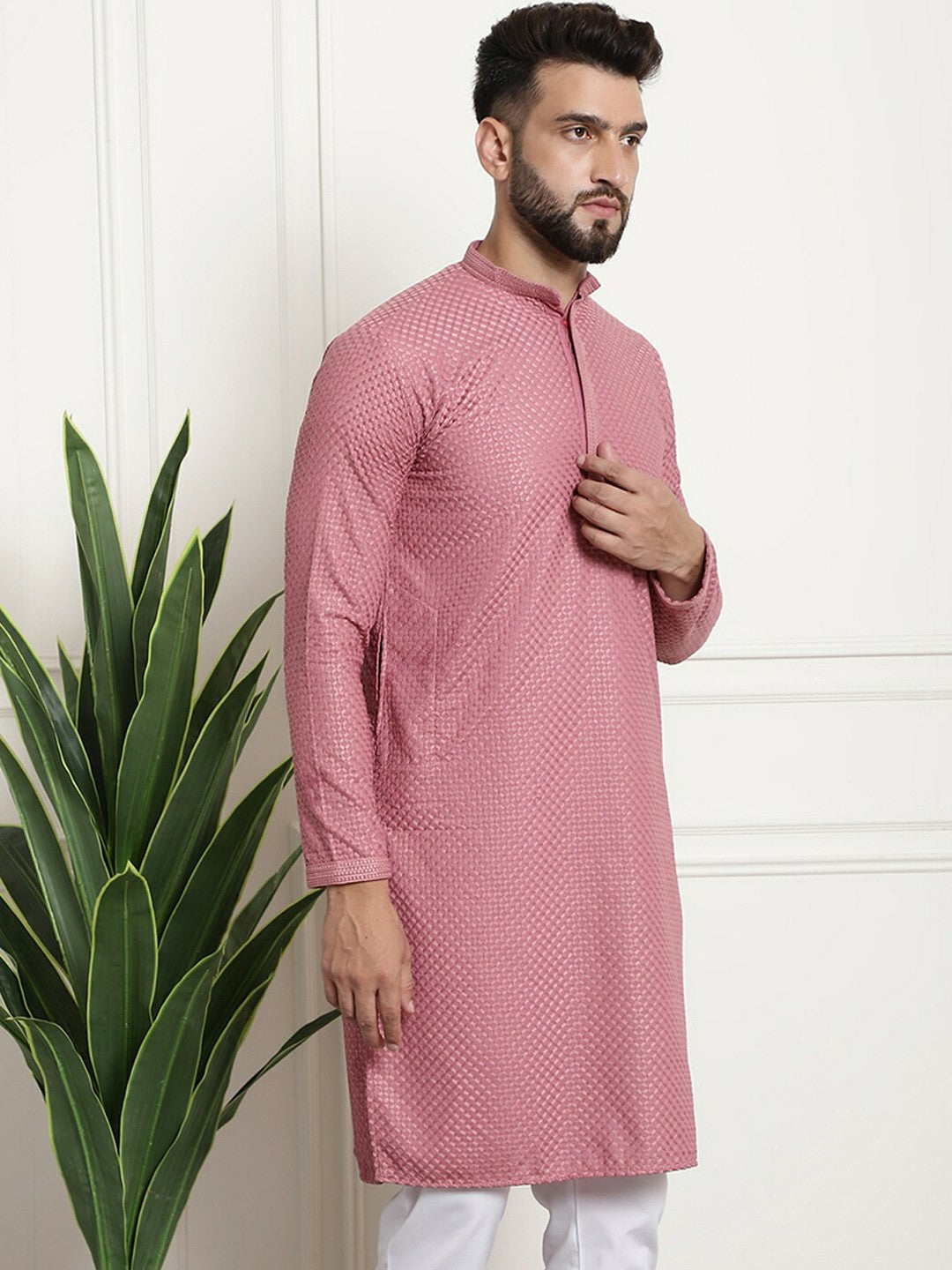 Men’s Coral Geometric Embroidered Pure Cotton Kurta – Mandarin Collar, Thread Work Detail | Indiaista