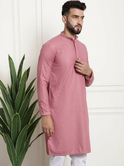 Men’s Coral Geometric Embroidered Pure Cotton Kurta – Mandarin Collar, Thread Work Detail | Indiaista