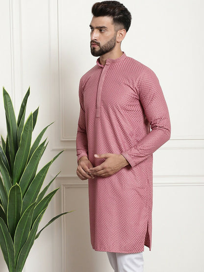 Men’s Coral Geometric Embroidered Pure Cotton Kurta – Mandarin Collar, Thread Work Detail | Indiaista