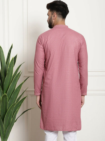 Men’s Coral Geometric Embroidered Pure Cotton Kurta – Mandarin Collar, Thread Work Detail | Indiaista