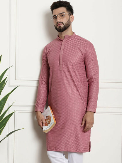 Men’s Coral Geometric Embroidered Pure Cotton Kurta – Mandarin Collar, Thread Work Detail | Indiaista