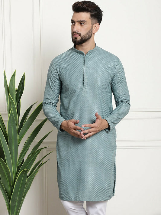 Sea Green Woven Design Mandarin Collar Kurta for Men – Knee Length, Regular Cotton | Indiaista