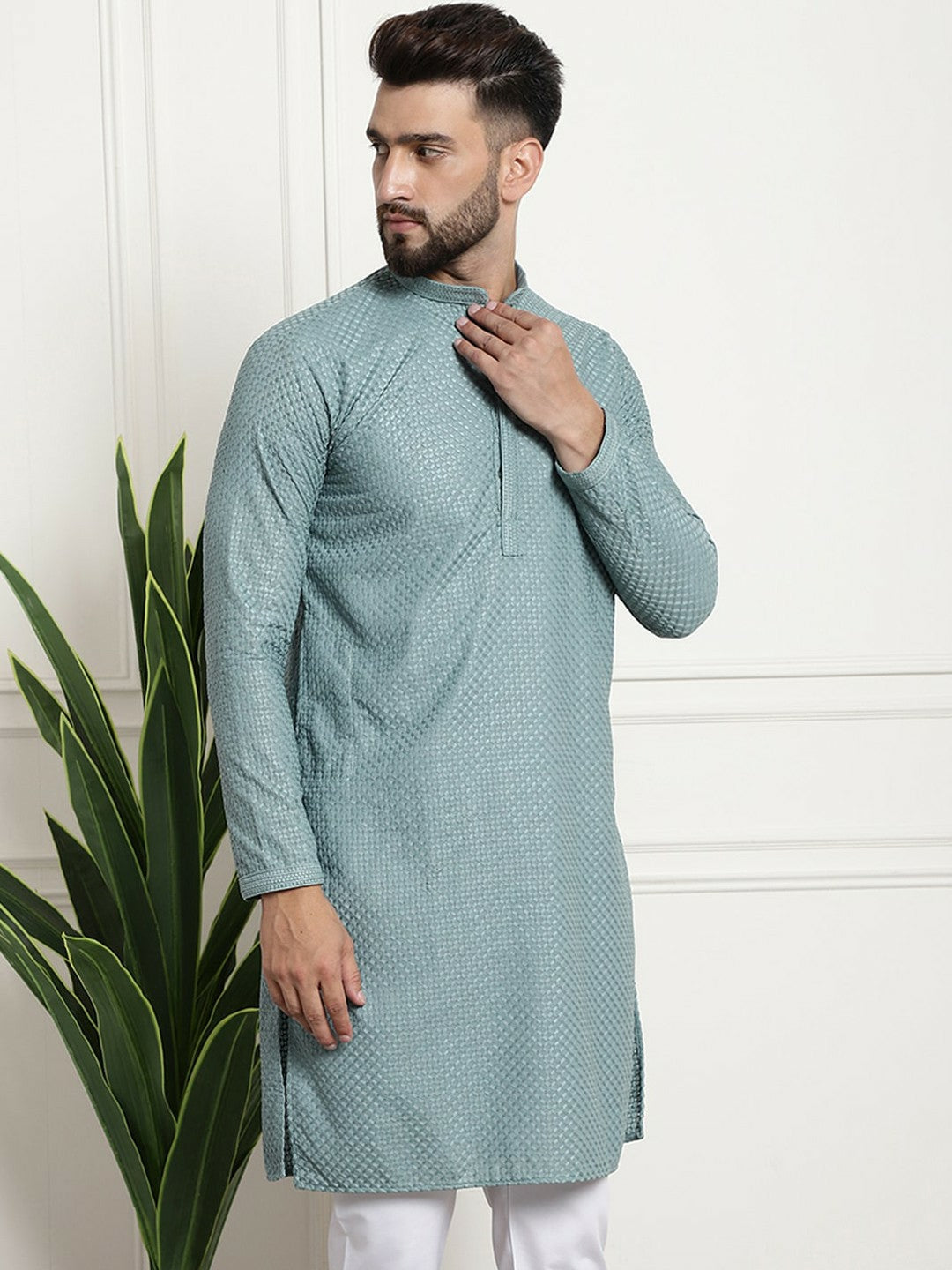 Sea Green Woven Design Mandarin Collar Kurta for Men – Knee Length, Regular Cotton | Indiaista