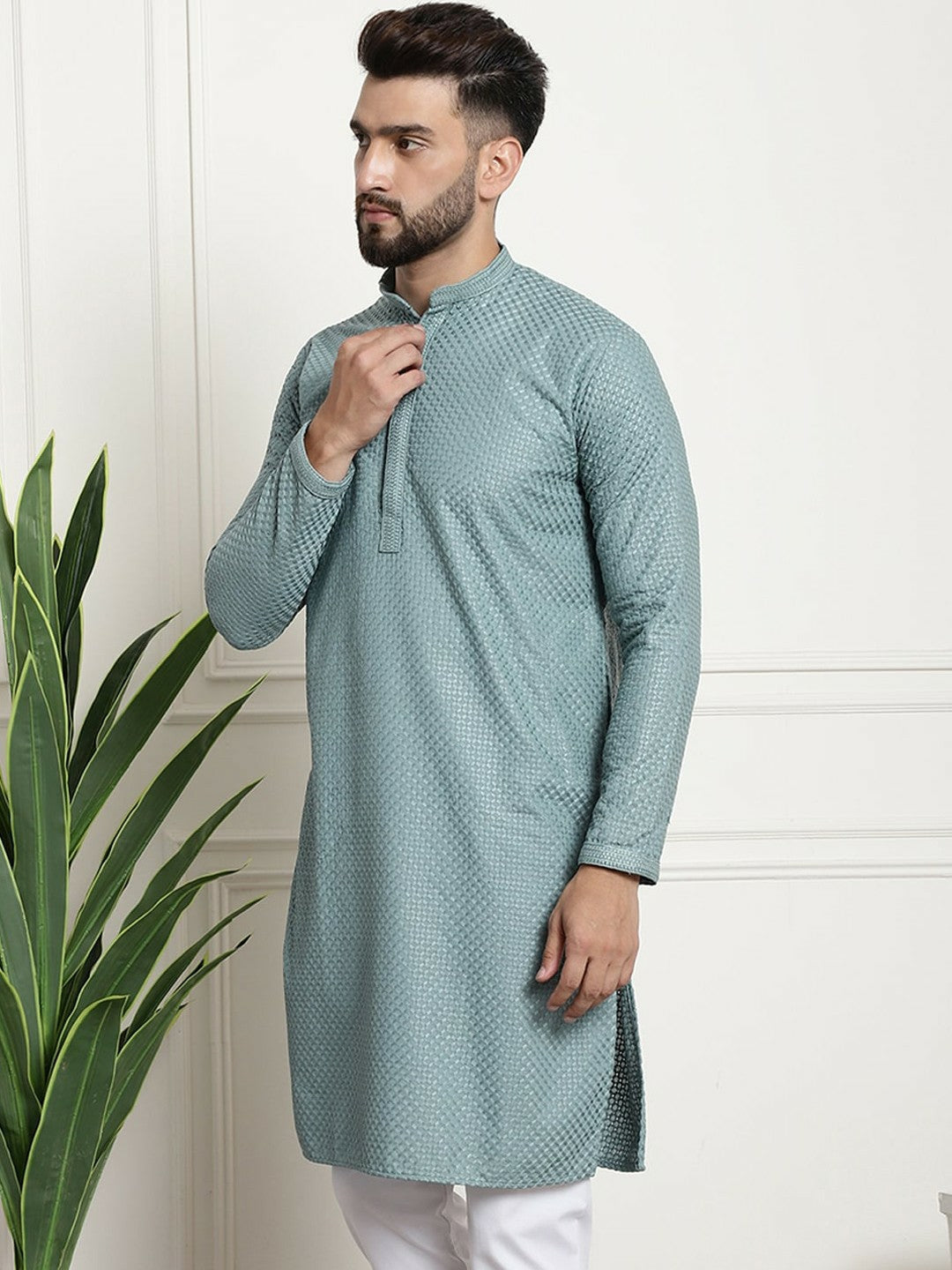 Sea Green Woven Design Mandarin Collar Kurta for Men – Knee Length, Regular Cotton | Indiaista