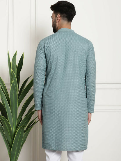 Sea Green Woven Design Mandarin Collar Kurta for Men – Knee Length, Regular Cotton | Indiaista