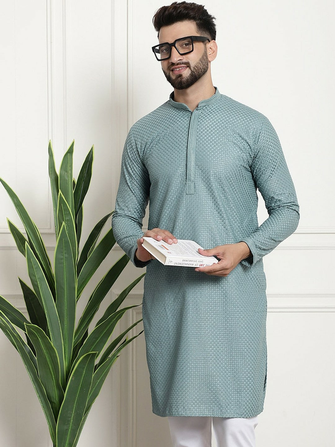 Sea Green Woven Design Mandarin Collar Kurta for Men – Knee Length, Regular Cotton | Indiaista