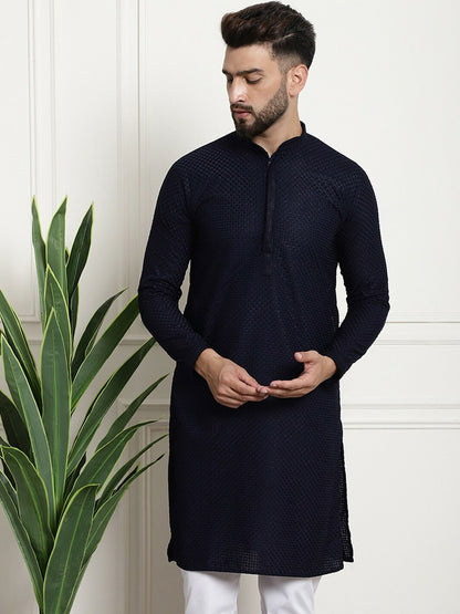 Navy Blue Geometric Embroidered Men's Kurta – Mandarin Collar, Thread Work, Cotton, Knee Length | Indiaista