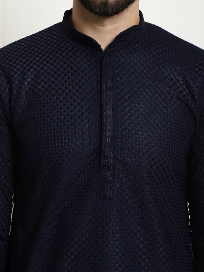 Navy Blue Geometric Embroidered Men's Kurta – Mandarin Collar, Thread Work, Cotton, Knee Length | Indiaista