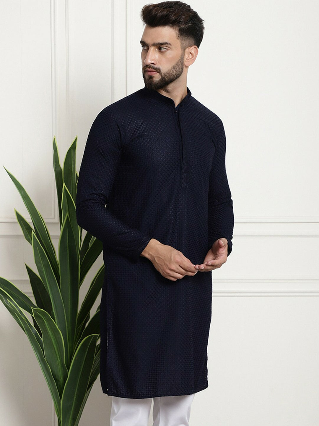 Navy Blue Geometric Embroidered Men's Kurta – Mandarin Collar, Thread Work, Cotton, Knee Length | Indiaista