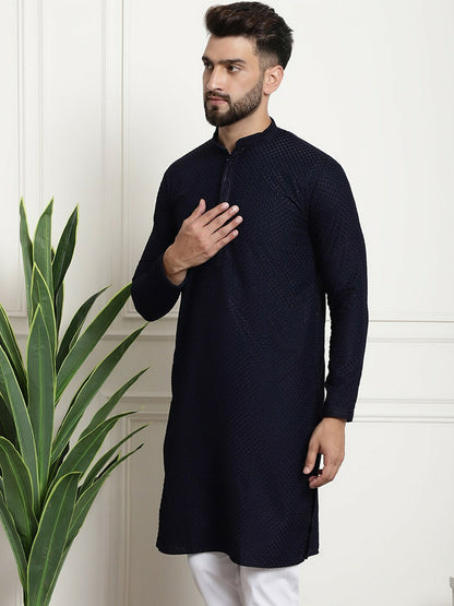 Navy Blue Geometric Embroidered Men's Kurta – Mandarin Collar, Thread Work, Cotton, Knee Length | Indiaista