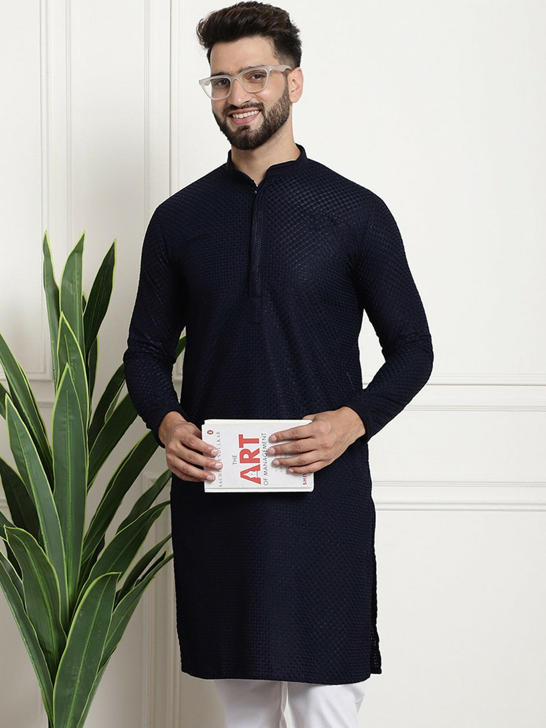 Navy Blue Geometric Embroidered Men's Kurta – Mandarin Collar, Thread Work, Cotton, Knee Length | Indiaista