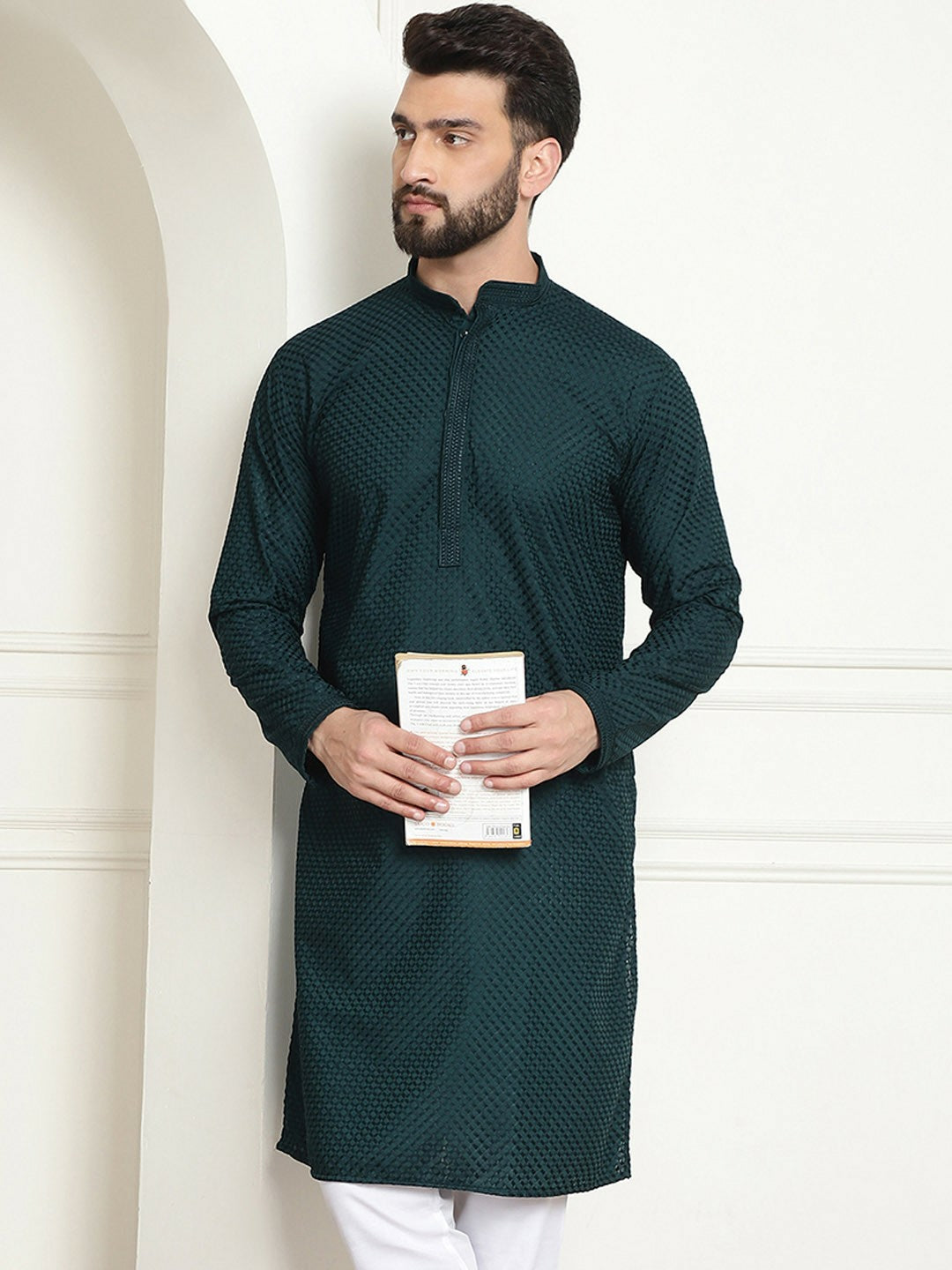 Green Geometric Embroidered Men’s Kurta – Mandarin Collar, Pure Cotton, Knee-Length | Indiaista