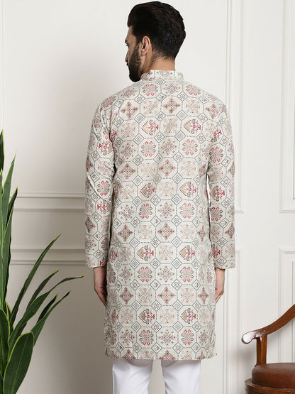 Men’s Cream-Coloured Geometric Printed Kurta – Mandarin Collar, Knee-Length, Regular Cotton | Indiaista