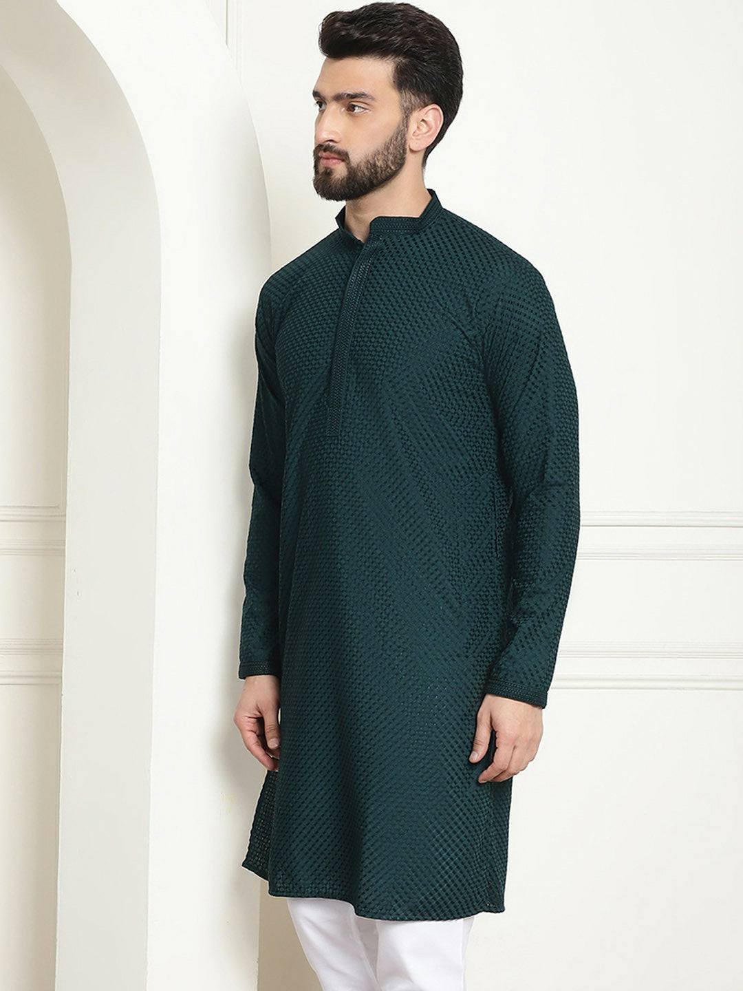 Green Geometric Embroidered Men’s Kurta – Mandarin Collar, Pure Cotton, Knee-Length | Indiaista