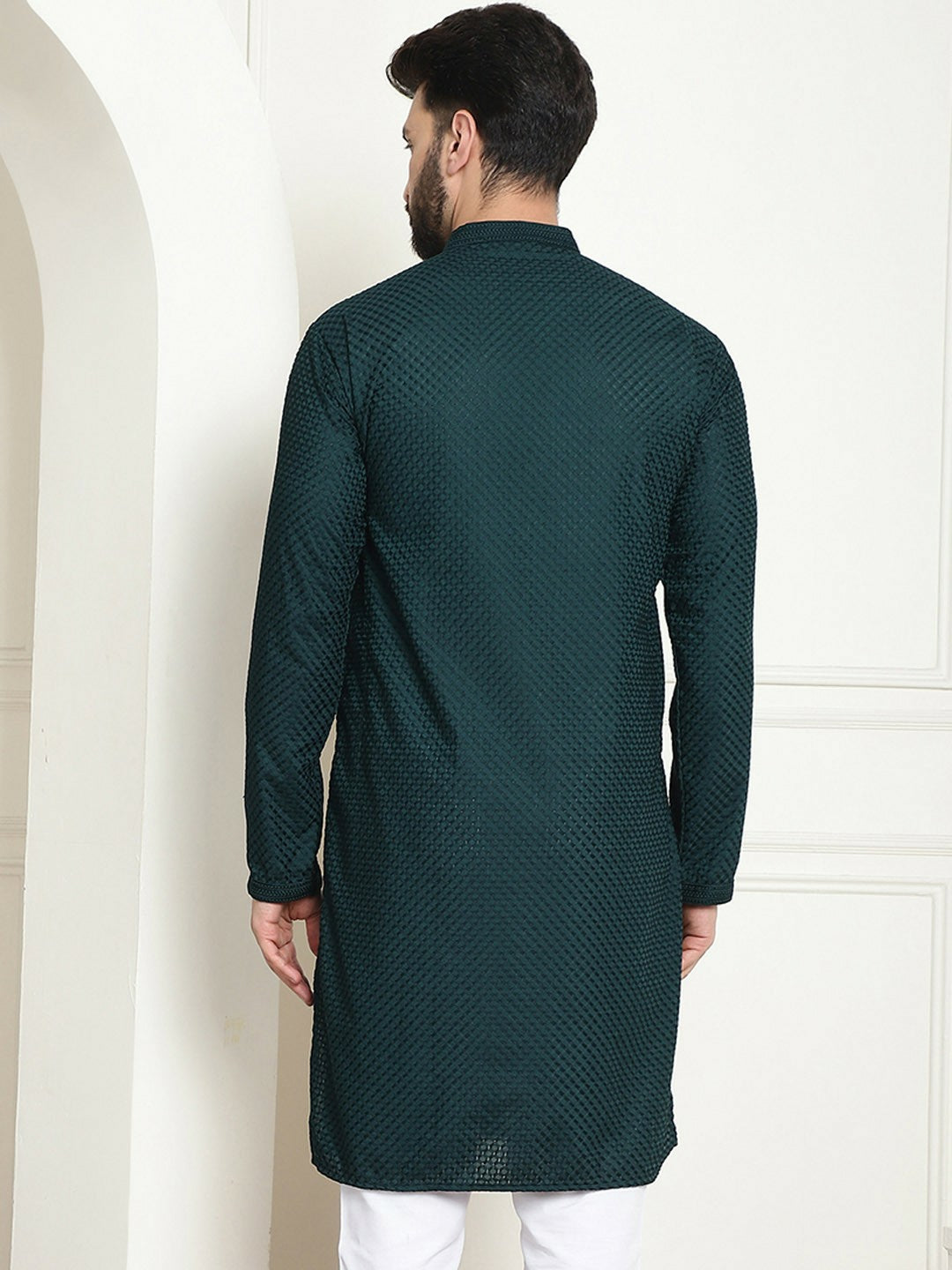 Green Geometric Embroidered Men’s Kurta – Mandarin Collar, Pure Cotton, Knee-Length | Indiaista