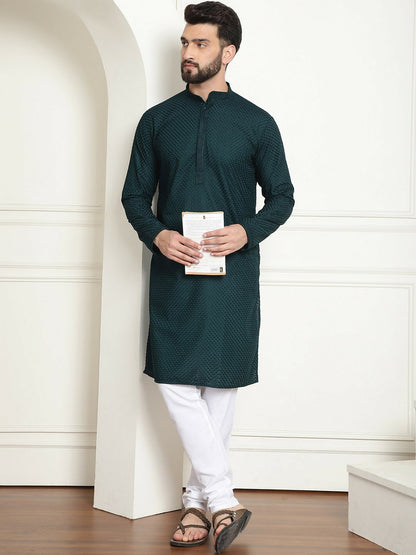 Green Geometric Embroidered Men’s Kurta – Mandarin Collar, Pure Cotton, Knee-Length | Indiaista