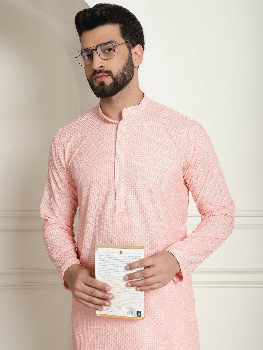 Peach-Coloured Geometric Embroidered Men’s Kurta – Mandarin Collar, Pure Cotton, Straight Fit | Indiaista