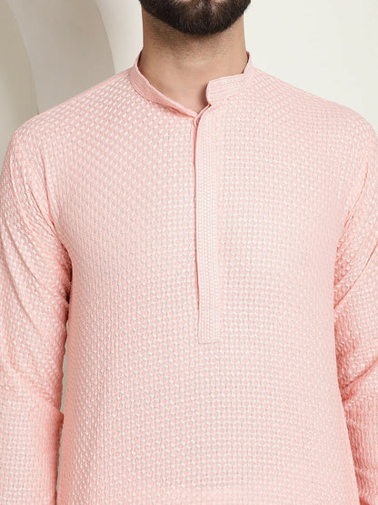 Peach-Coloured Geometric Embroidered Men’s Kurta – Mandarin Collar, Pure Cotton, Straight Fit | Indiaista