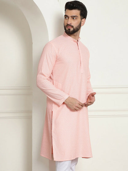 Peach-Coloured Geometric Embroidered Men’s Kurta – Mandarin Collar, Pure Cotton, Straight Fit | Indiaista