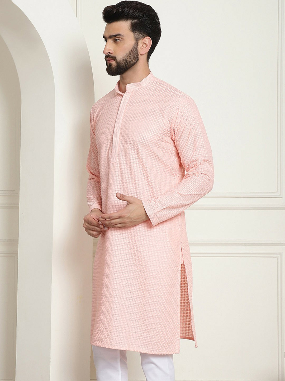 Peach-Coloured Geometric Embroidered Men’s Kurta – Mandarin Collar, Pure Cotton, Straight Fit | Indiaista