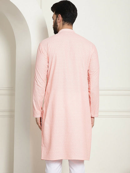 Peach-Coloured Geometric Embroidered Men’s Kurta – Mandarin Collar, Pure Cotton, Straight Fit | Indiaista