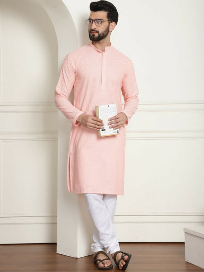 Peach-Coloured Geometric Embroidered Men’s Kurta – Mandarin Collar, Pure Cotton, Straight Fit | Indiaista