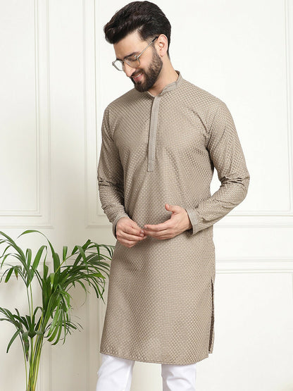 Men’s Beige Ethnic Motifs Embroidered Kurta – Mandarin Collar, Thread Work, Cotton, Knee Length | Indiaista