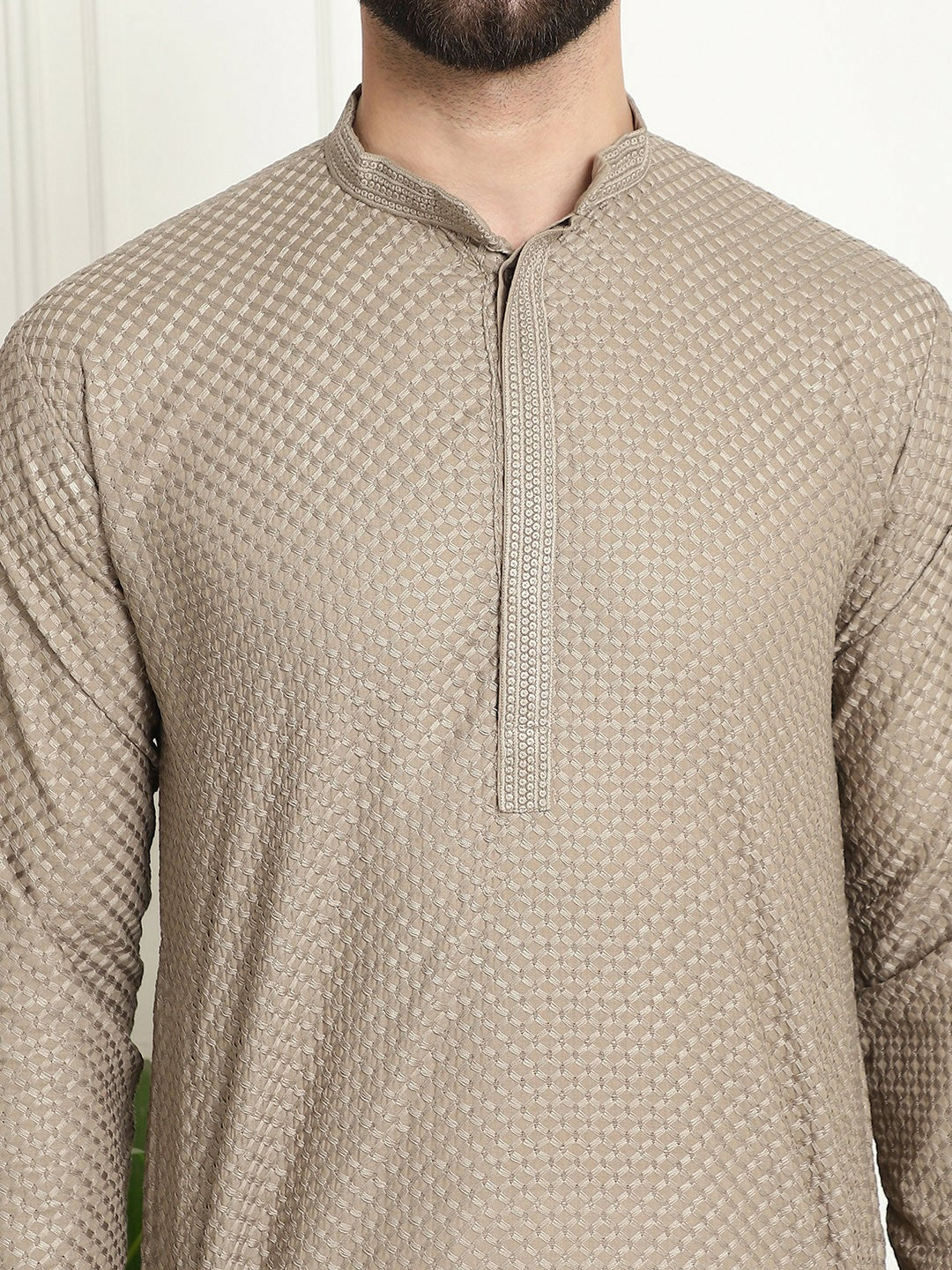 Men’s Beige Ethnic Motifs Embroidered Kurta – Mandarin Collar, Thread Work, Cotton, Knee Length | Indiaista