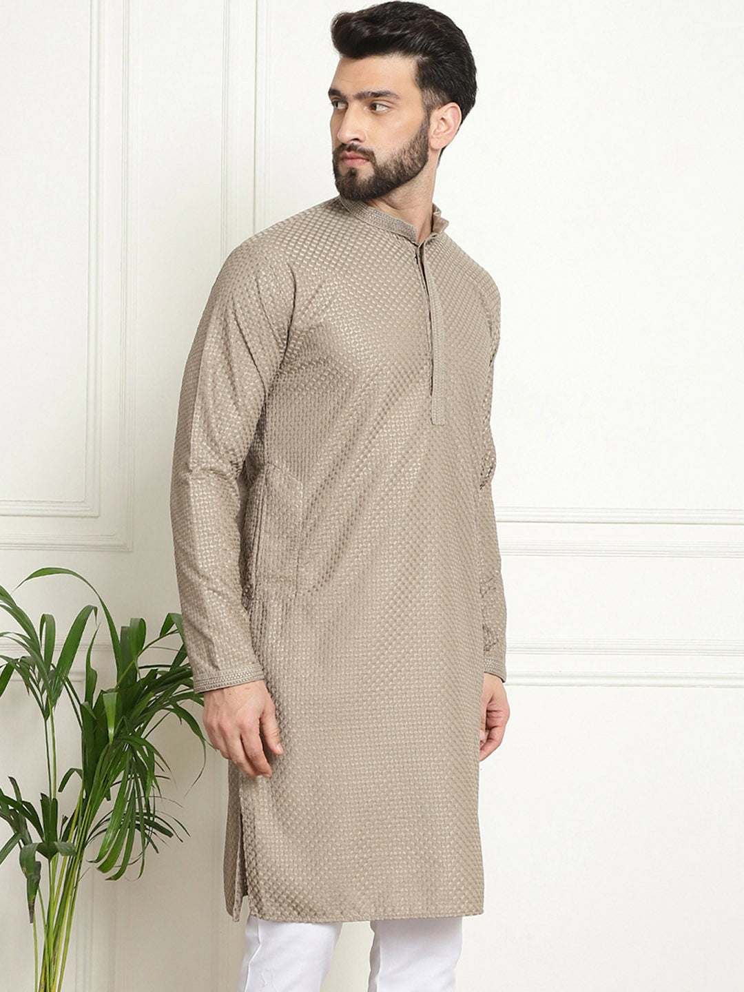 Men’s Beige Ethnic Motifs Embroidered Kurta – Mandarin Collar, Thread Work, Cotton, Knee Length | Indiaista