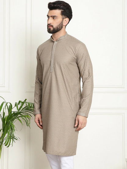 Men’s Beige Ethnic Motifs Embroidered Kurta – Mandarin Collar, Thread Work, Cotton, Knee Length | Indiaista