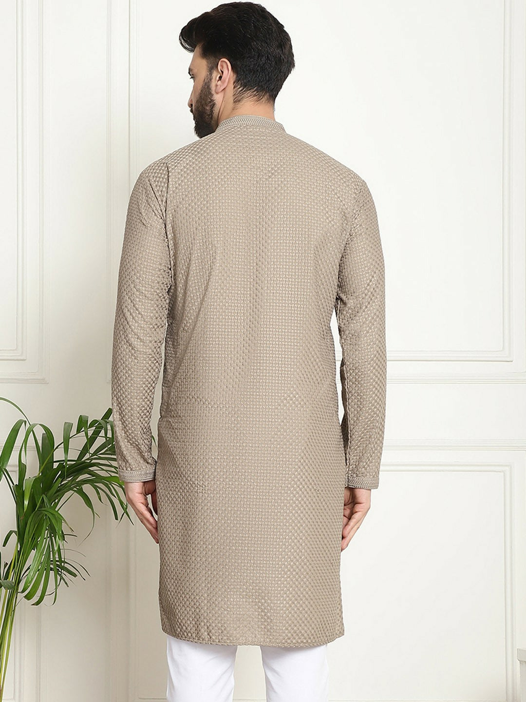 Men’s Beige Ethnic Motifs Embroidered Kurta – Mandarin Collar, Thread Work, Cotton, Knee Length | Indiaista