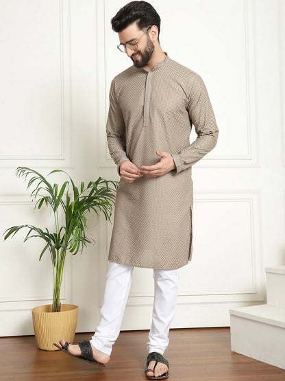 Men’s Beige Ethnic Motifs Embroidered Kurta – Mandarin Collar, Thread Work, Cotton, Knee Length | Indiaista