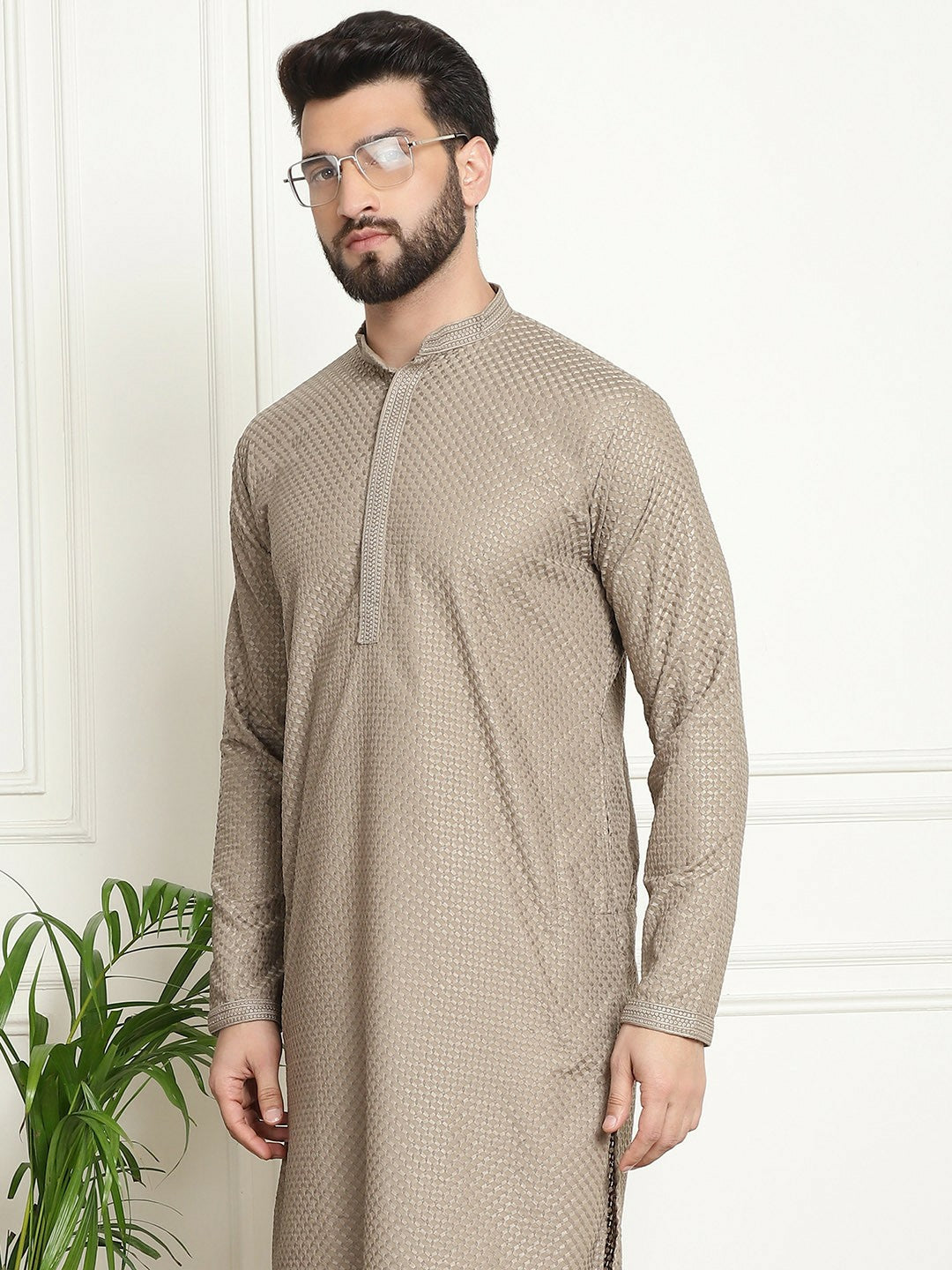 Men’s Beige Ethnic Motifs Embroidered Kurta – Mandarin Collar, Thread Work, Cotton, Knee Length | Indiaista