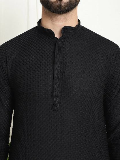 Men's Black Geometric Embroidered Pure Cotton Kurta – Mandarin Collar, Regular Fit, Knee Length | Indiaista