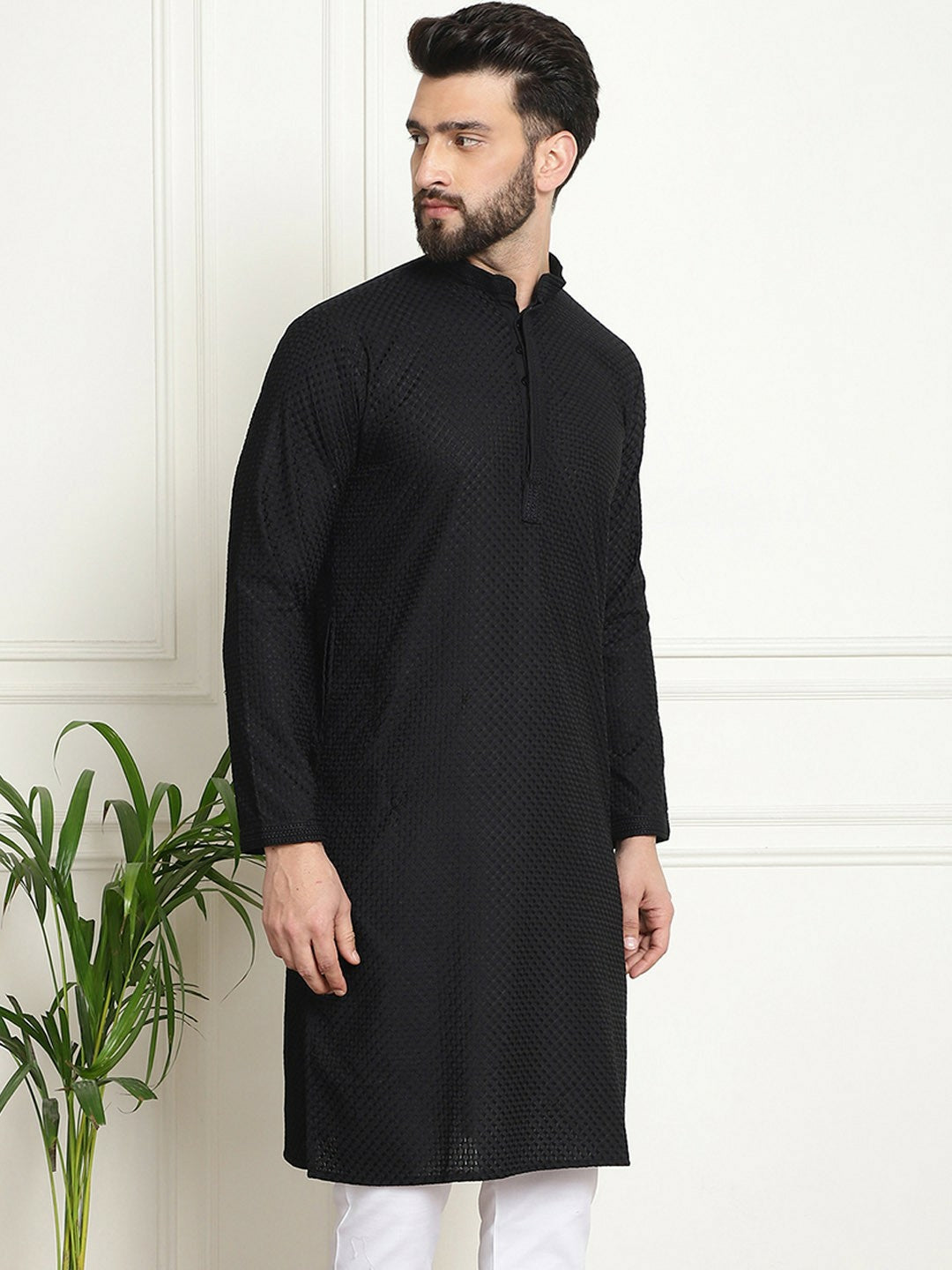 Men's Black Geometric Embroidered Pure Cotton Kurta – Mandarin Collar, Regular Fit, Knee Length | Indiaista