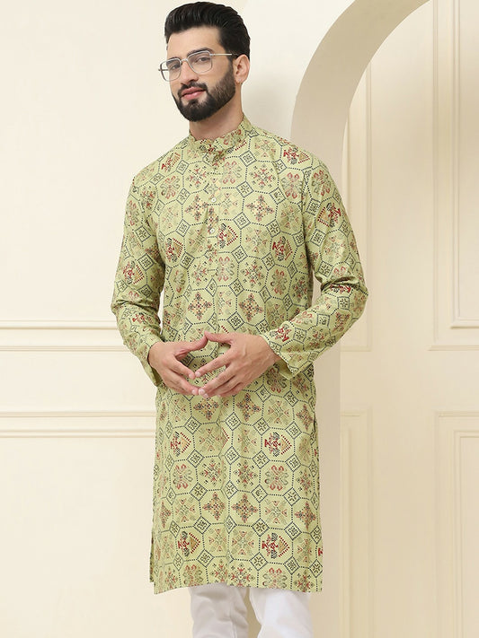 Men’s Green & Black Geometric Printed Cotton Kurta – Mandarin Collar, Knee Length, Regular Fit | Indiaista