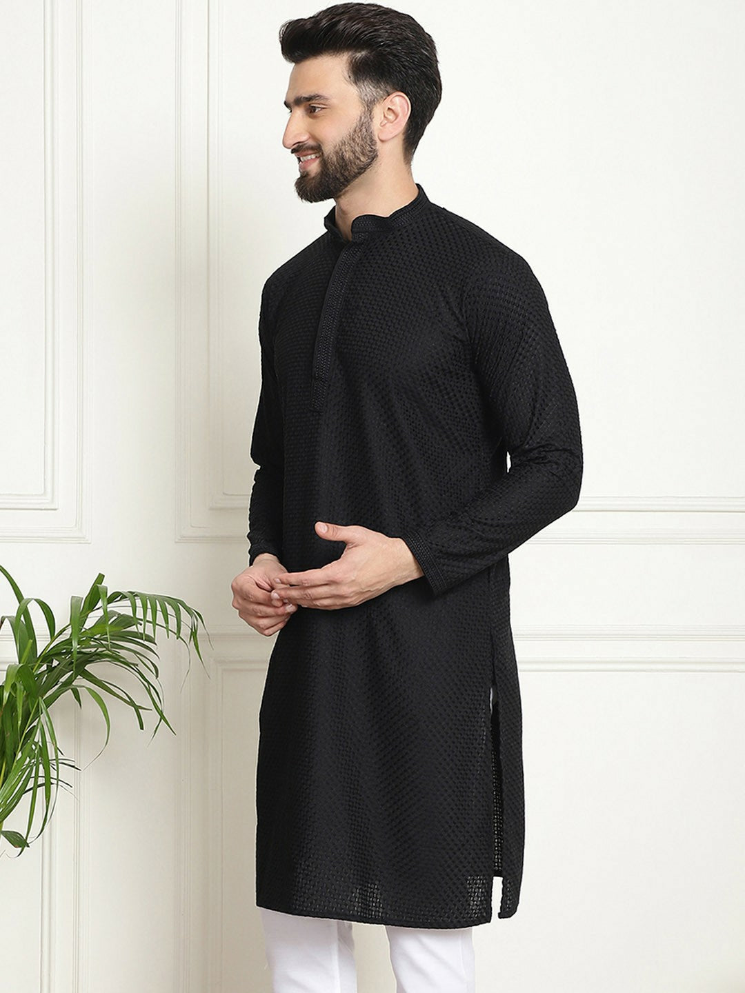 Men's Black Geometric Embroidered Pure Cotton Kurta – Mandarin Collar, Regular Fit, Knee Length | Indiaista