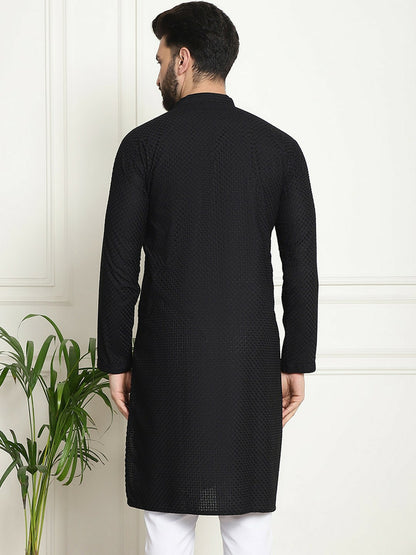 Men's Black Geometric Embroidered Pure Cotton Kurta – Mandarin Collar, Regular Fit, Knee Length | Indiaista