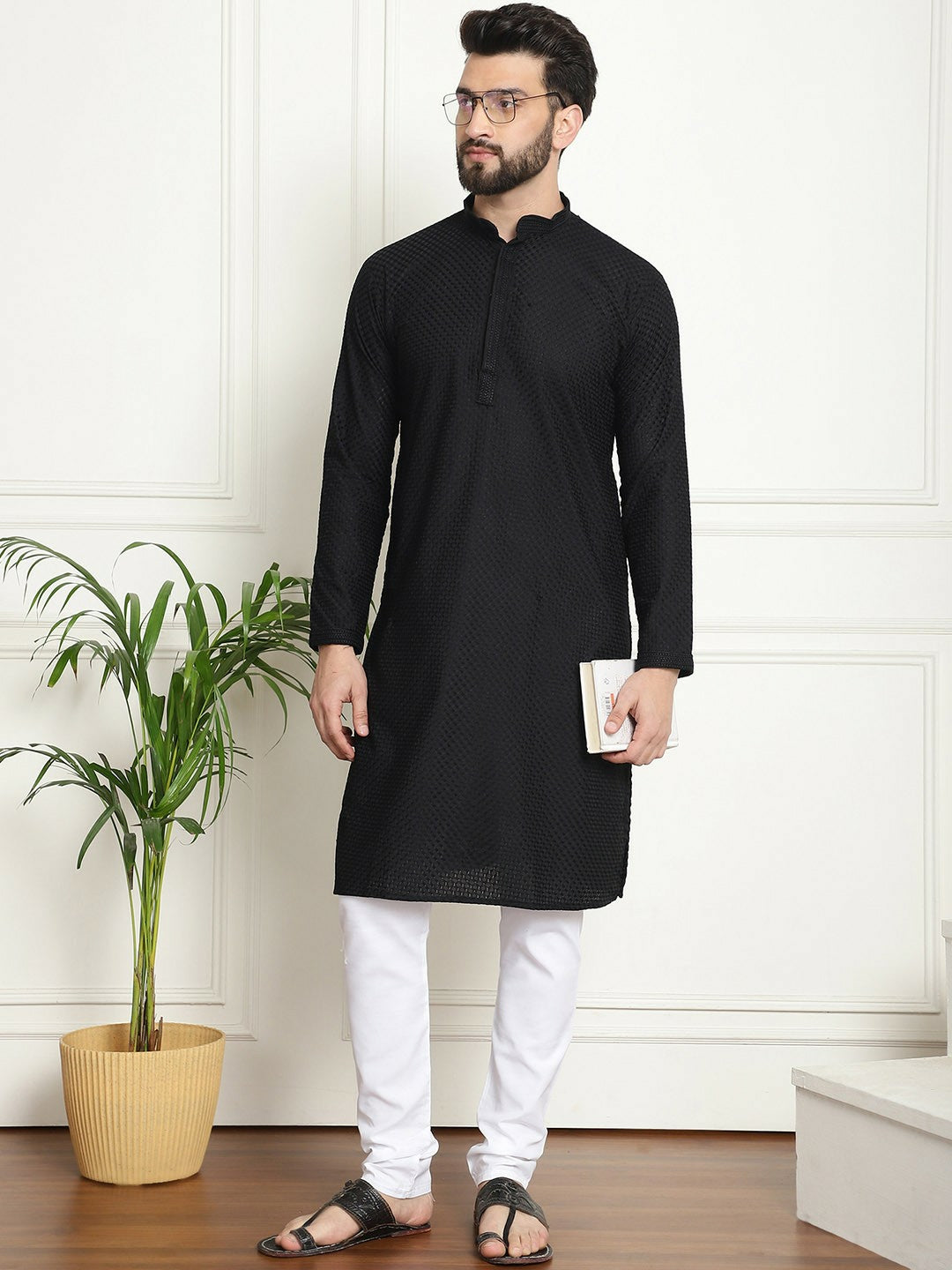 Men's Black Geometric Embroidered Pure Cotton Kurta – Mandarin Collar, Regular Fit, Knee Length | Indiaista