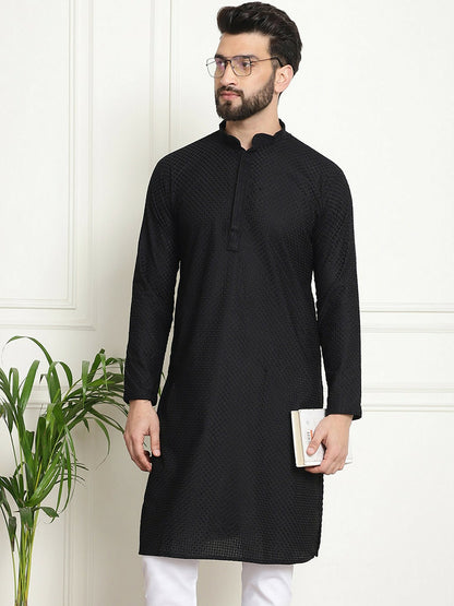 Men's Black Geometric Embroidered Pure Cotton Kurta – Mandarin Collar, Regular Fit, Knee Length | Indiaista