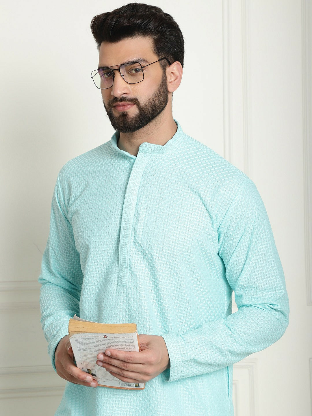 Turquoise Blue Geometric Embroidered Kurta for Men – Pure Cotton, Mandarin Collar, Knee-Length | Indiaista