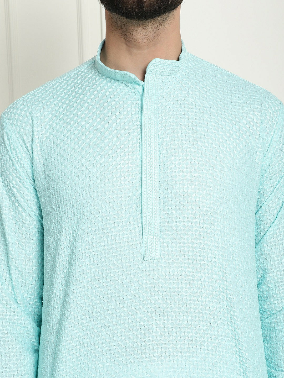 Turquoise Blue Geometric Embroidered Kurta for Men – Pure Cotton, Mandarin Collar, Knee-Length | Indiaista