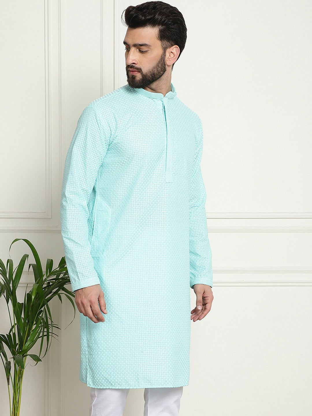 Turquoise Blue Geometric Embroidered Kurta for Men – Pure Cotton, Mandarin Collar, Knee-Length | Indiaista