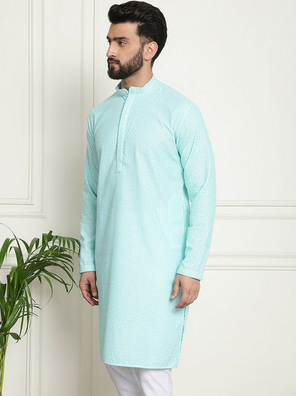 Turquoise Blue Geometric Embroidered Kurta for Men – Pure Cotton, Mandarin Collar, Knee-Length | Indiaista